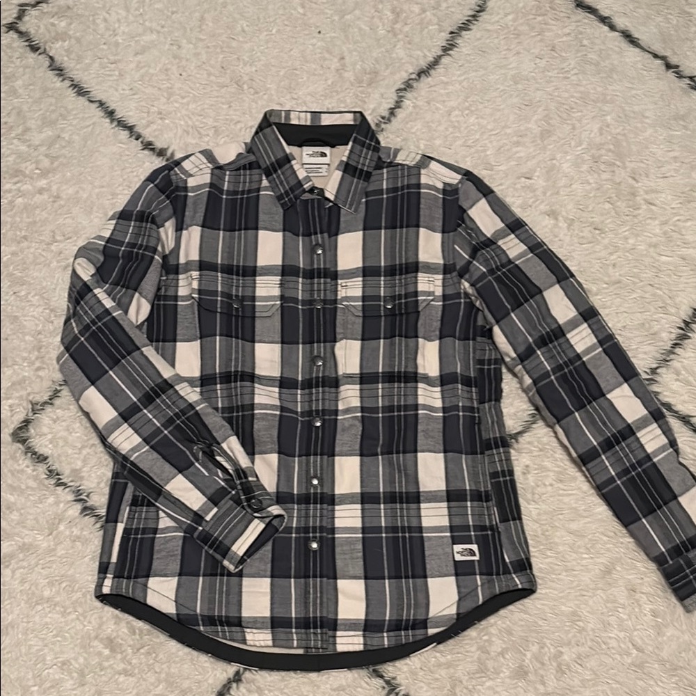The North Face Black, Gray and Cream Plaid Sherpa-lined Casual Shirt/Shacket